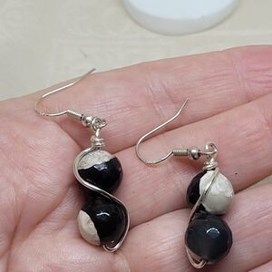 Artisan Black and Cream Agated Banded Beaded Earrings Wore 925 Wrapped